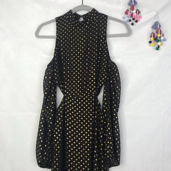 LPA Dress 43 in gold polka dot side cutout cold shoulders halter maxi dress - Picture 4 of 12